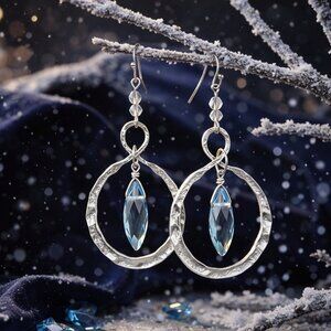 Boho Chic Hammered Silver & Blue Crystal Dangle Earrings Trendy Statement